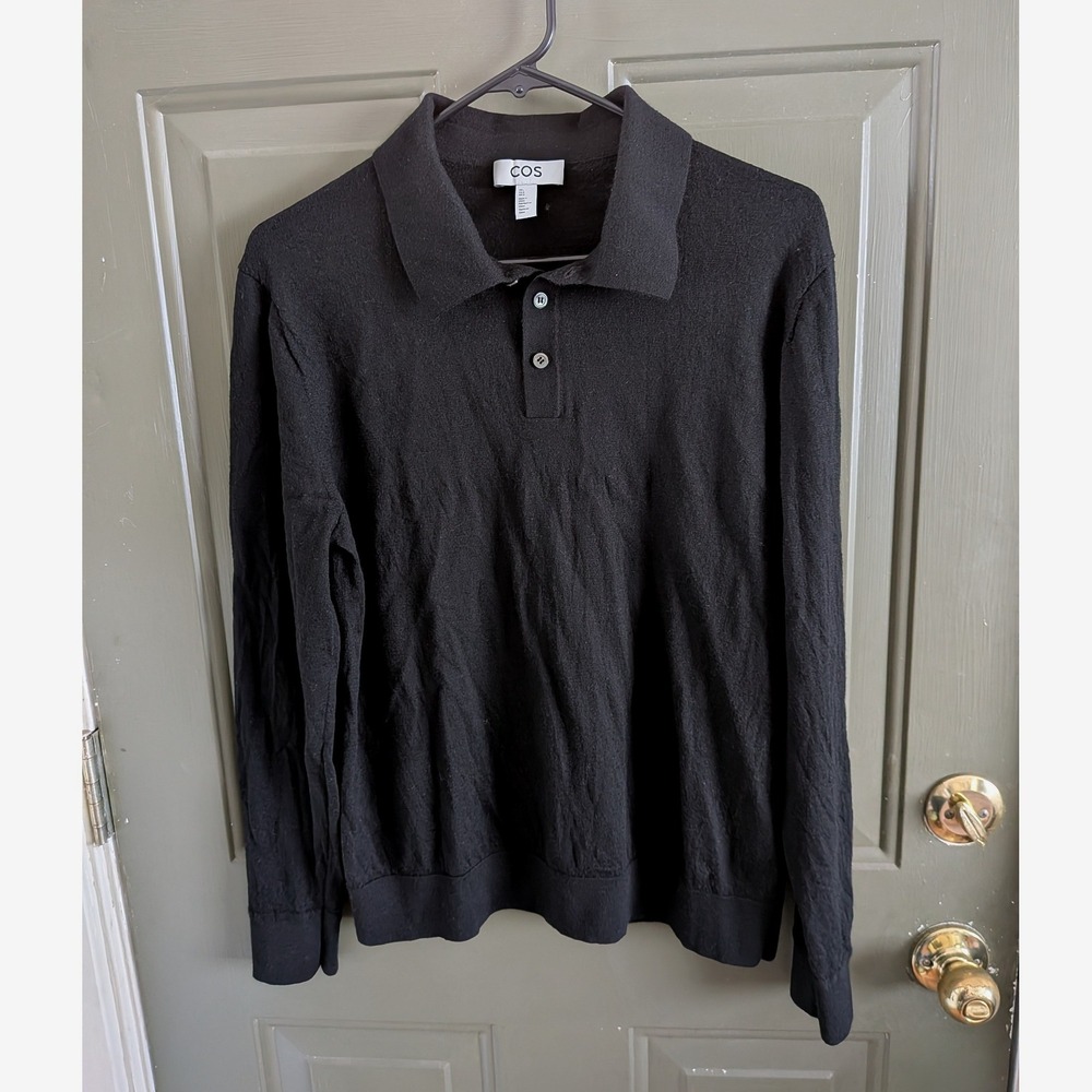COS Womens Black 100% Wool Long Sleeve Knit Polo Sweater Size Large